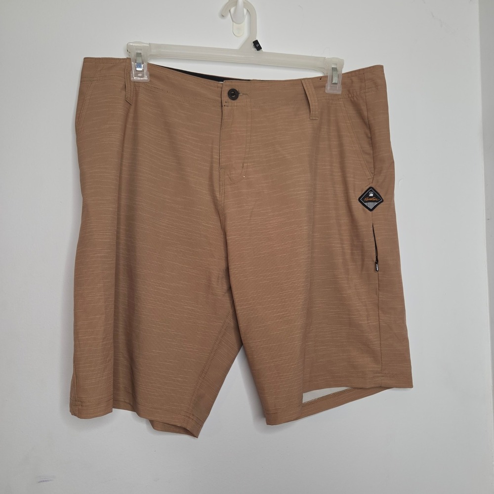 Flomotion Mens Hybrid Board Shorts Tan Brown Heathered Stretch Size 36 Zippered